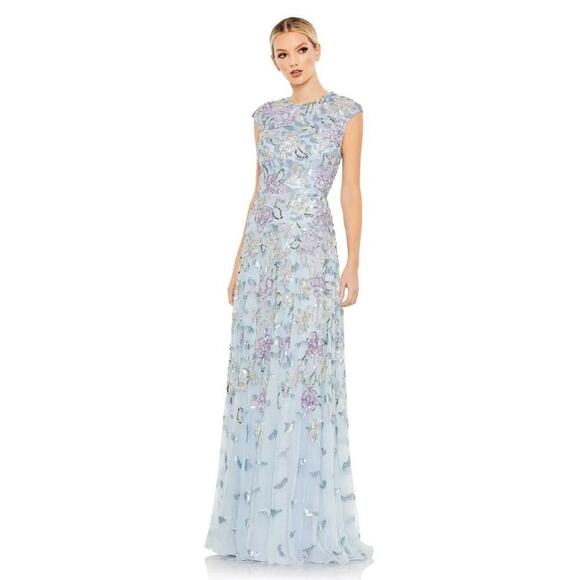 Mac Duggal Sequined High Neck Cap Sleeve A Line Gown Ice Blue Multi Size 12 NWT - Picture 4 of 13